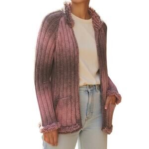 Vintage Huinay Wool Zip Sweater Pink Ombre Fringe Hem Ecuadorian Knit Sz Medium